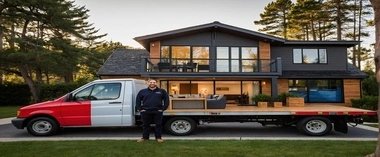 Professional home moving service with a flatbed truck outside a modern residential house